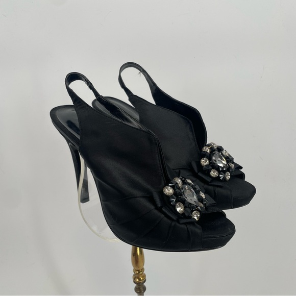 Moda Spana Black Satin Peep Toe Slingback Heels With Rhinestone Embellishment - Picture 3 of 13